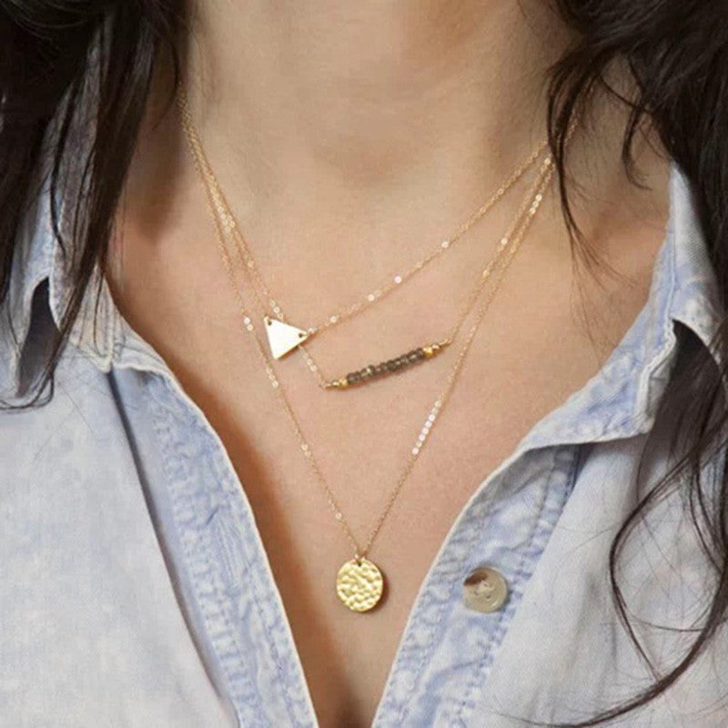 Layered Triangle, Circle & Bead Necklace