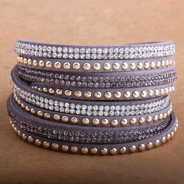 Double Wrap Leather Bracelet with Crystals Grey