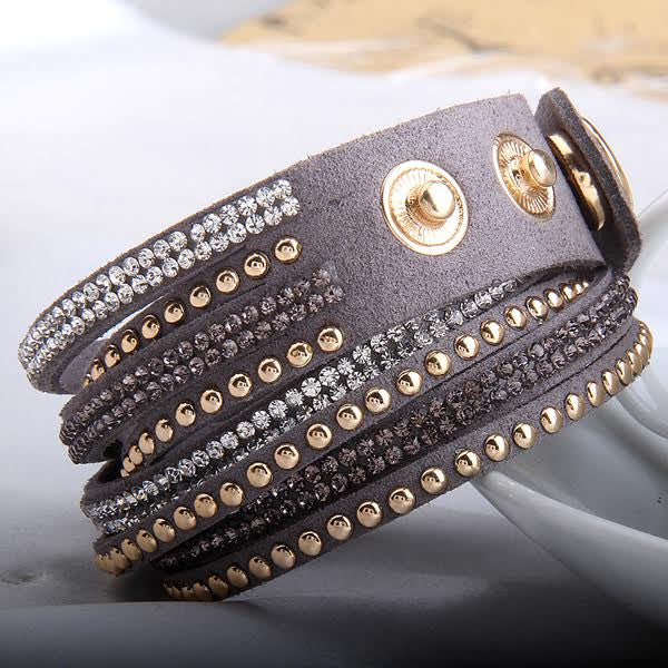 Double Wrap Leather Bracelet with Crystals Grey